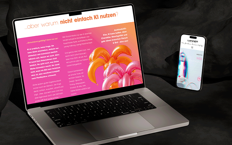 Laptop und Smartphone zeigen den modernen Webauftritt der Lenninger Online Marketing Agentur mit farbenfrohem Design.
