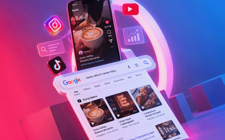 Smartphone mit Social-Media-Inhalten und Google-Suche als Symbol für die Verbindung von Social Media und SEO.