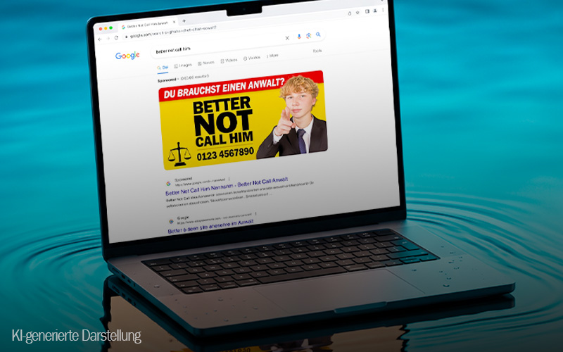 Laptop mit Google-Suchergebnissen zur Anwaltssuche und einer auffälligen Kanzleianzeige als Beispiel für Online-Sichtbarkeit von Kanzleien.
