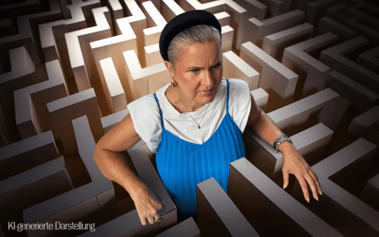 Frau steht in einem KI-generierten Labyrinth und sucht nach dem richtigen Weg – Symbolbild für Nutzerführung und Orientierung im Online-Marketing.